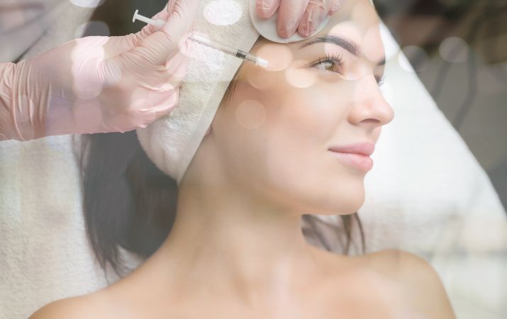 Nahaufnahme einer kosmetischen Botox-Behandlung: Eine Frau erhält eine Injektion im Stirnbereich, während medizinisches Personal Handschuhe trägt – weiche Lichtstimmung mit unscharfem Bokeh-Hintergrund.