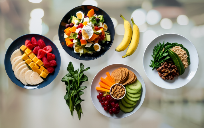 Auswahl gesunder Lebensmittel wie Obst Gemüse Nüsse und Salate als Symbol für bewusste Ernährung und Orthorexie