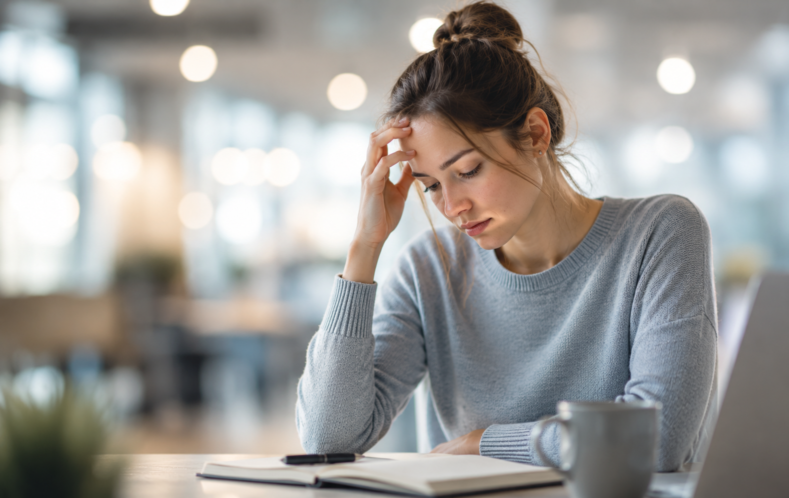 Junge Frau mit nachdenklichem Gesichtsausdruck sitzt an einem Tisch mit Notizbuch und Tasse vor einem unscharfen Hintergrund mit Lichtreflexen. Das Bild symbolisiert die oft unauffälligen Symptome von ADHS bei Frauen und die Herausforderungen einer späten Diagnose.