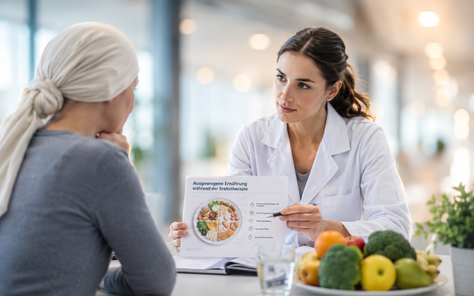 Ärztin berät eine Krebspatientin mit Kopftuch zu einer ausgewogenen Ernährung während der Krebstherapie. Auf dem Tisch stehen frisches Obst und Gemüse als Symbol für die Bedeutung einer individuellen und bedarfsgerechten onkologischen Ernährungsberatung.