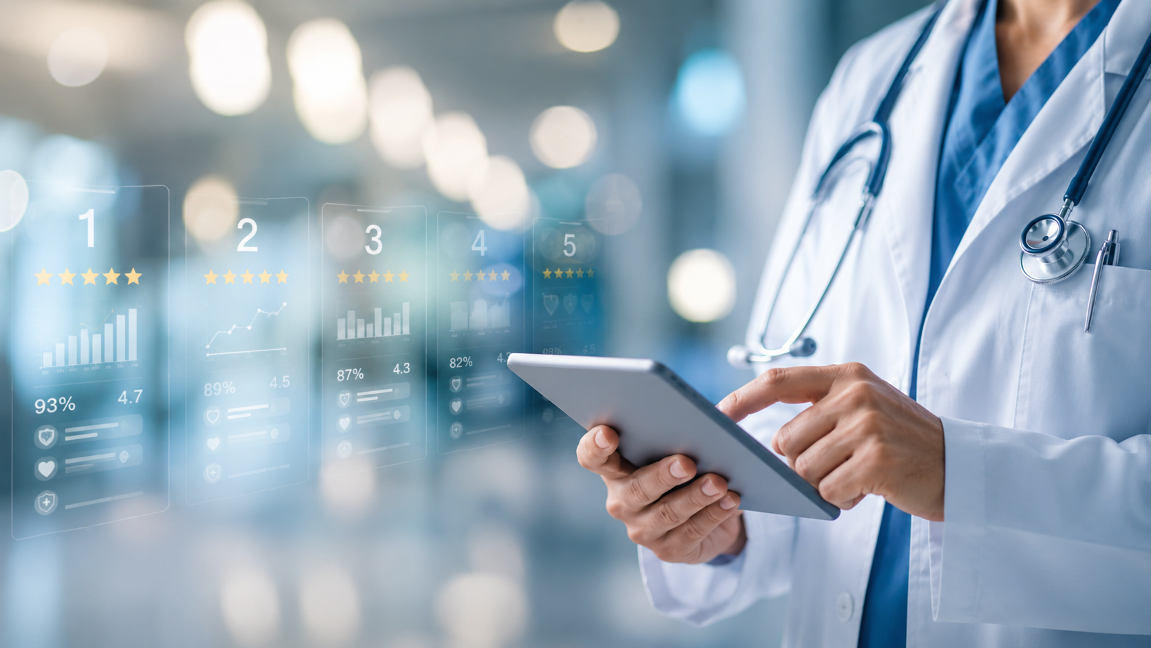 Arzt in modernem Spital mit Tablet vor digitaler Ranking-Anzeige und Qualitätsbewertungen im Schweizer Gesundheitswesen.