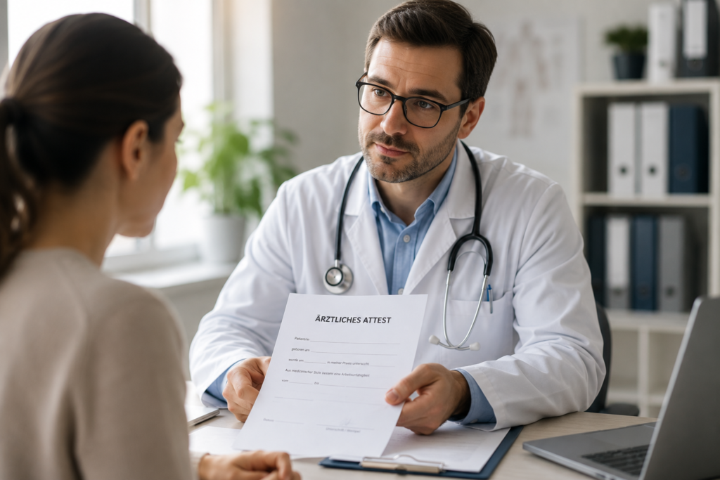 Arzt überreicht einer Patientin in einer modernen Praxis ein ärztliches Attest. Der helle, unscharfe Hintergrund mit Lichtreflexen symbolisiert die Diskussion um Arztzeugnisse ab dem ersten Krankheitstag sowie den zusätzlichen organisatorischen Aufwand für Arztpraxen und Patienten.