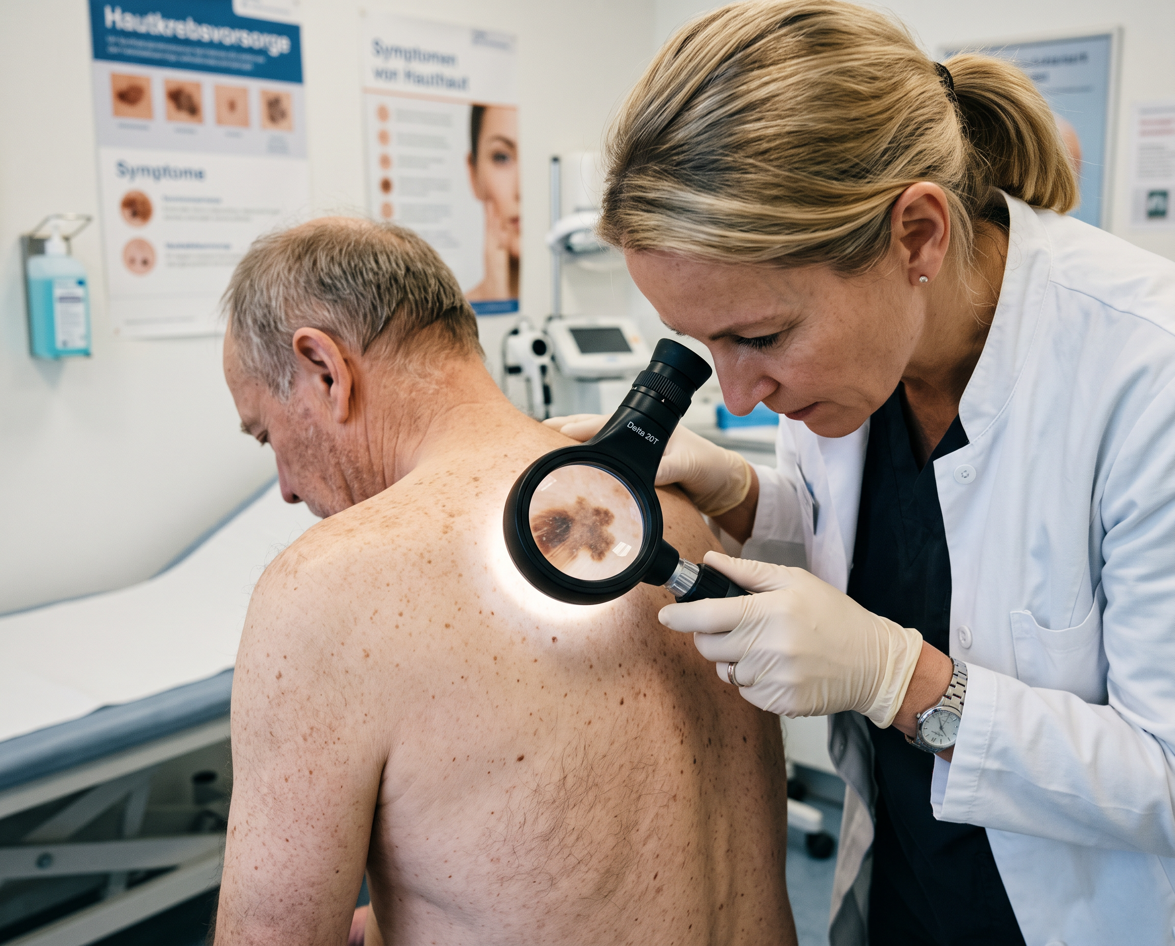 Dermatologin untersucht mit einer Lupe ein auffälliges Hautmal auf dem Rücken eines Patienten in einer modernen Hautarztpraxis. Die Szene verdeutlicht die Bedeutung der regelmässigen Hautkrebsvorsorge, der frühzeitigen Erkennung verdächtiger Hautveränderungen und der professionellen dermatologischen Untersuchung.