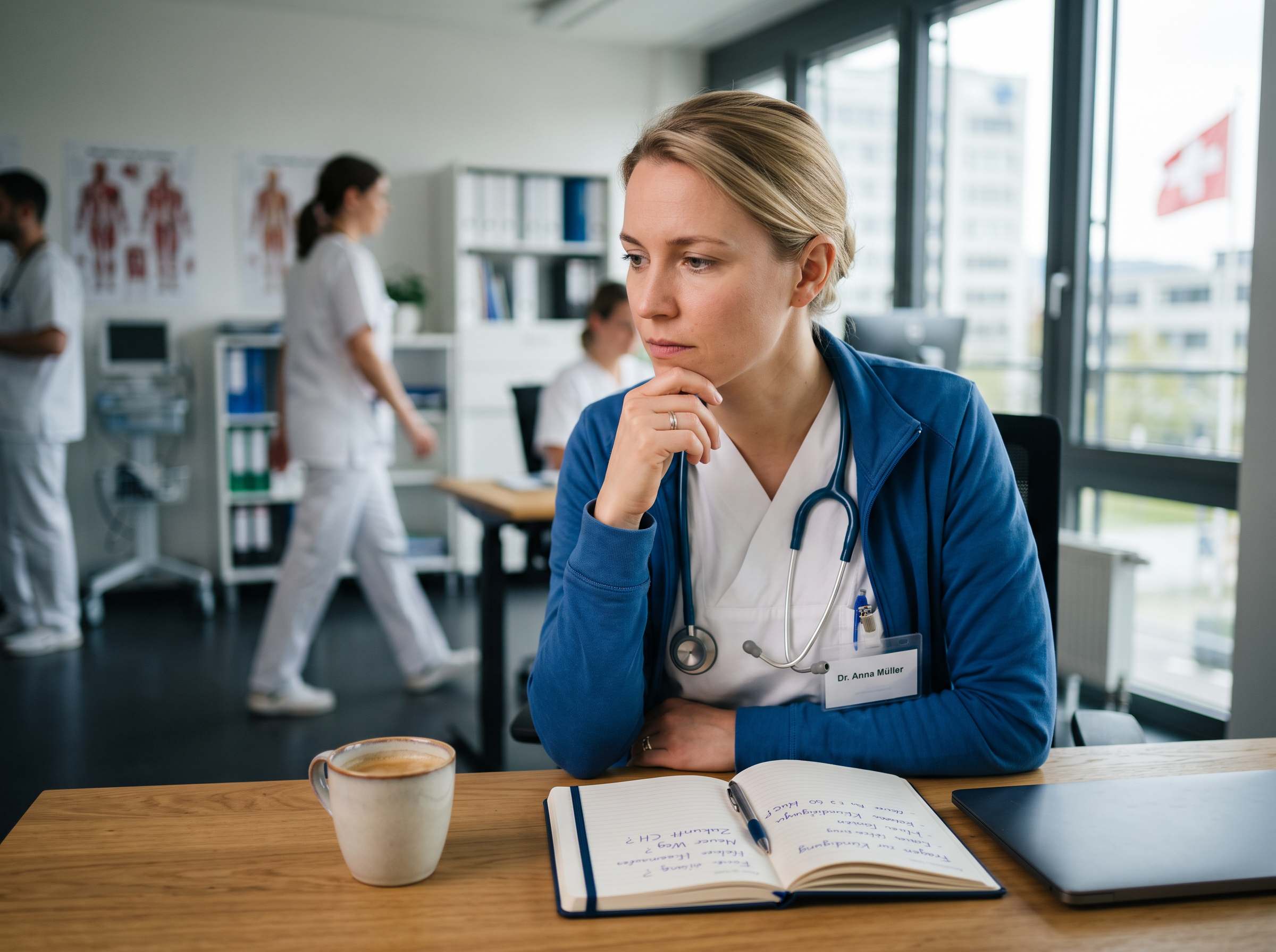 Ärztin sitzt in einem modernen Schweizer Gesundheitsumfeld an einem Schreibtisch und blickt nachdenklich in die Ferne. Vor ihr liegen ein Notizbuch, ein Stift, eine Kaffeetasse und ein Laptop – passend zum Thema berufliche Veränderung und die Entscheidung für oder gegen einen Jobwechsel.