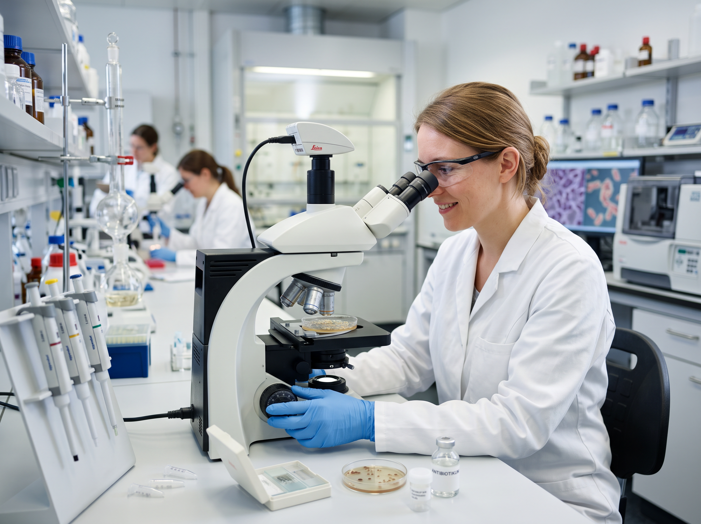 Wissenschaftlerin untersucht eine Bakterienkultur mit einem Lichtmikroskop in einem modernen Forschungslabor. Im Labor sind weitere Analysegeräte, Petrischalen und Probenbehälter zu sehen, wodurch die Untersuchung der Wirksamkeit von Antibiotika gegen Bakterien veranschaulicht wird.