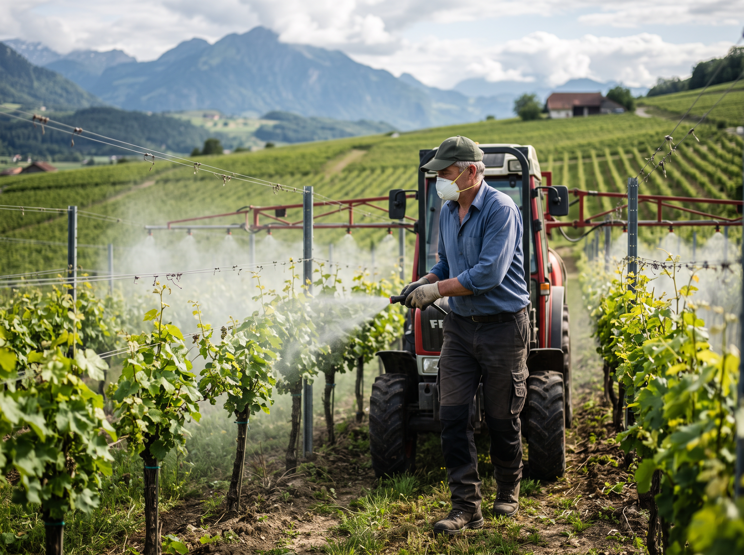 Landwirt arbeitet mit Schutzmaske und Handschuhen in einem Schweizer Weinberg und versprüht ein Pflanzenschutzmittel. Im Hintergrund sind Rebflächen, ein Traktor und die Schweizer Alpen zu sehen.