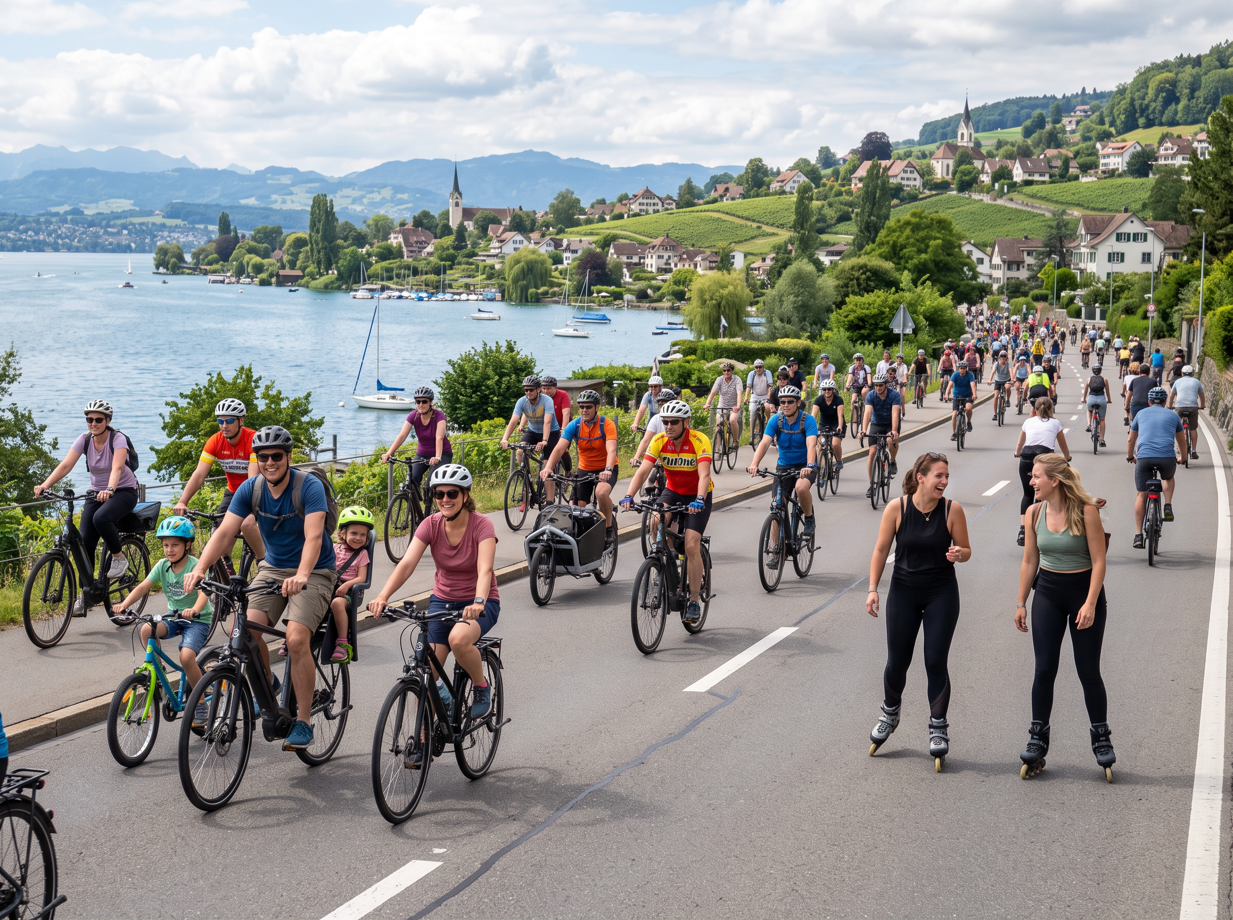 Zahlreiche Menschen fahren beim autofreien SlowUp Zürichsee mit Fahrrädern entlang des Zürichsees. Im Hintergrund sind die Seeuferlandschaft, Weinberge, Dörfer und die Schweizer Alpen zu sehen.