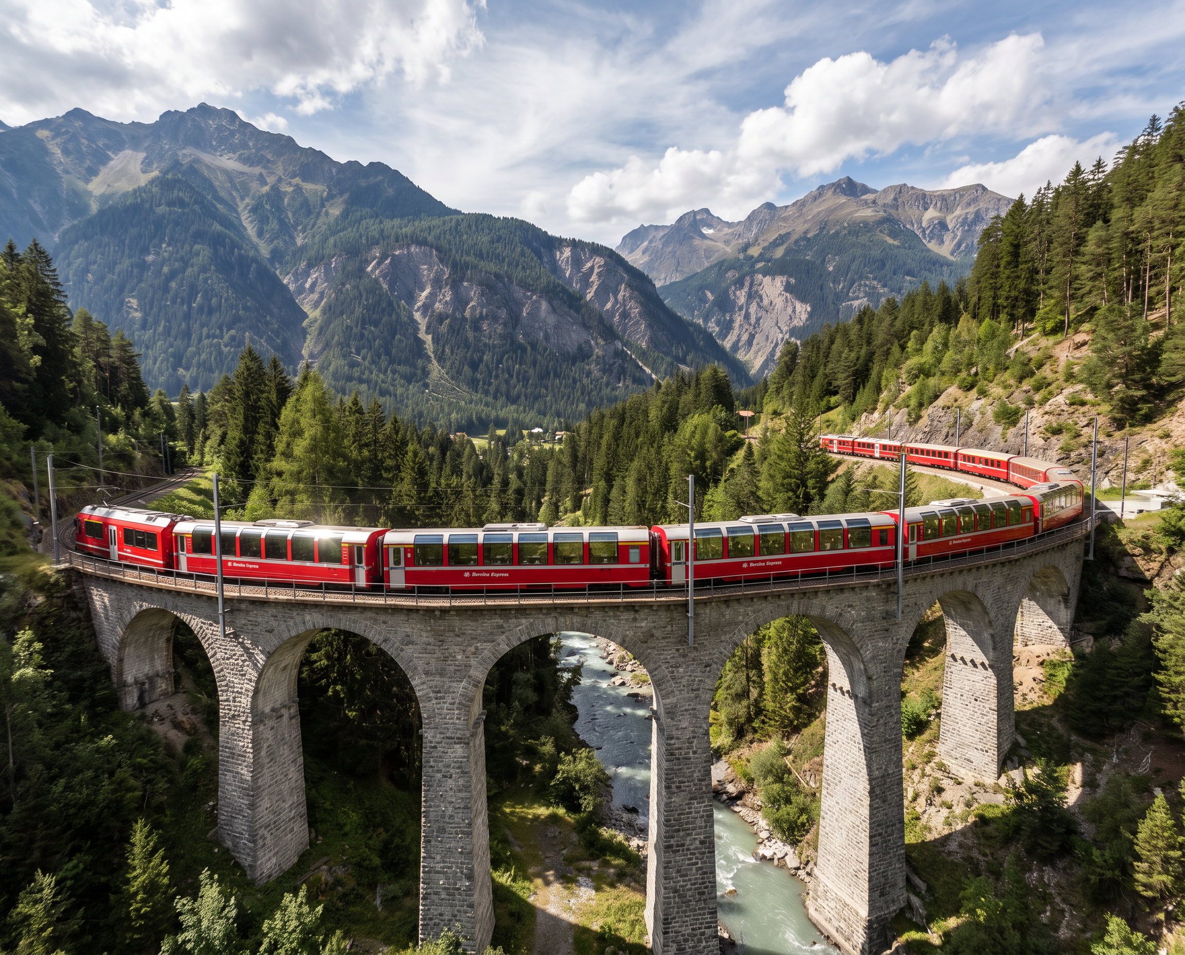 Roter Bernina Express fährt über ein steinernes Viadukt durch eine alpine Berglandschaft mit bewaldeten Hängen, Fluss und hohen Schweizer Bergen.