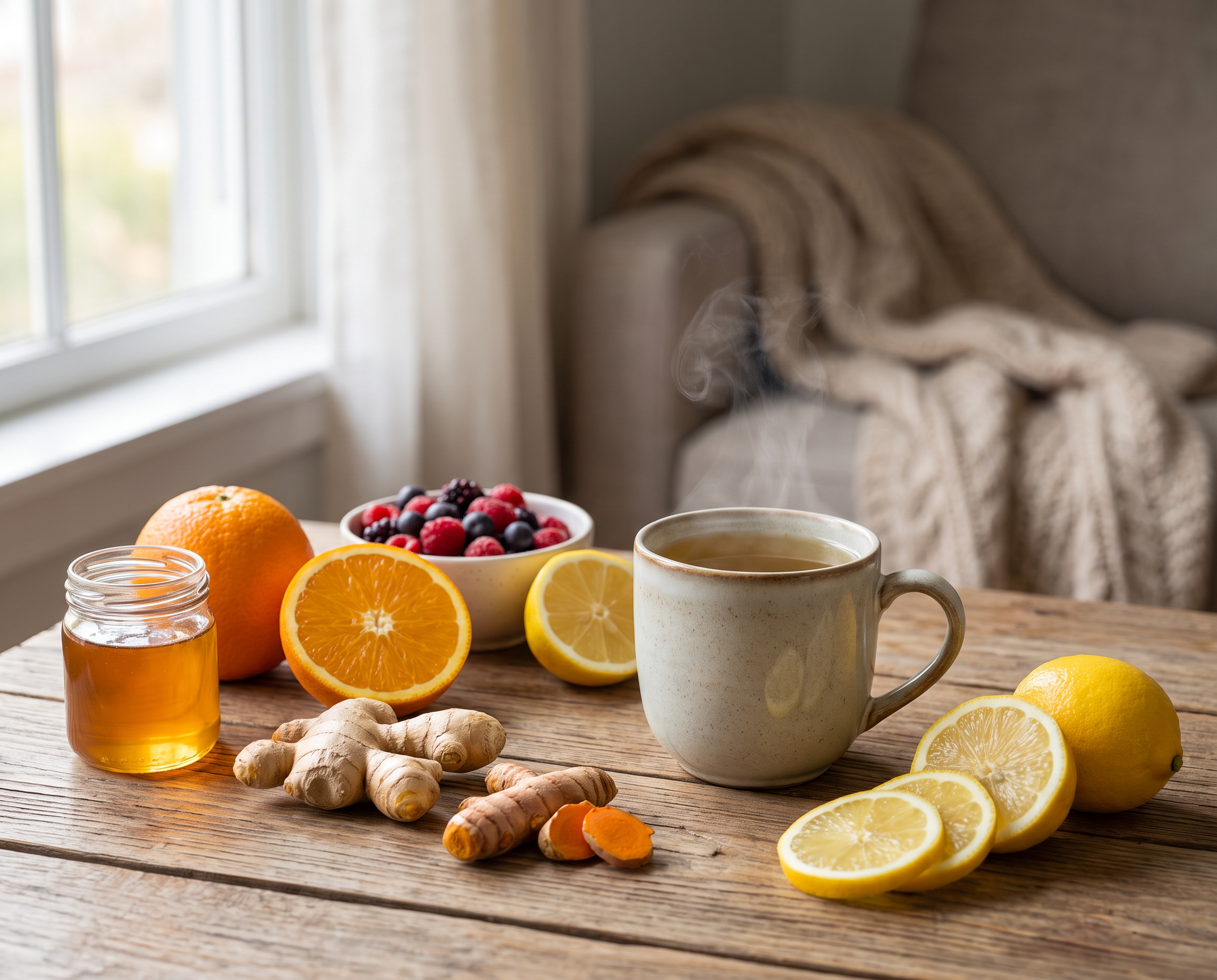 Eine Tasse mit dampfendem Tee steht auf einem Holztisch, umgeben von Zitronen, Orangen, Beeren, Ingwer und Honig. Die gemütliche Umgebung mit weicher Decke und Tageslicht vermittelt eine winterliche Wohlfühlatmosphäre.