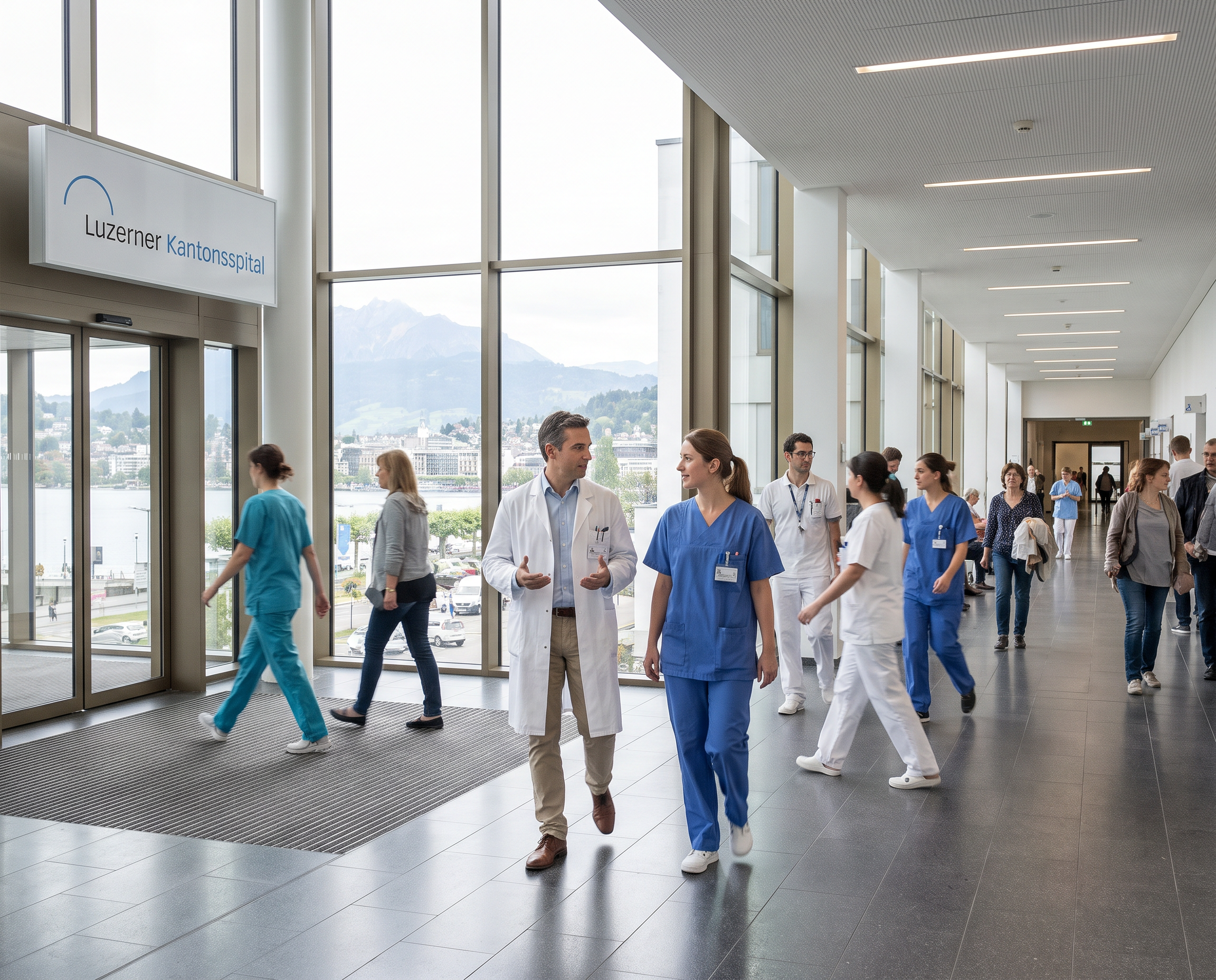 Ärztinnen, Ärzte und Pflegekräfte gehen durch den hellen Eingangsbereich des Luzerner Kantonsspitals. Die grossen Fenster geben den Blick auf den Vierwaldstättersee und die umliegende Landschaft frei.