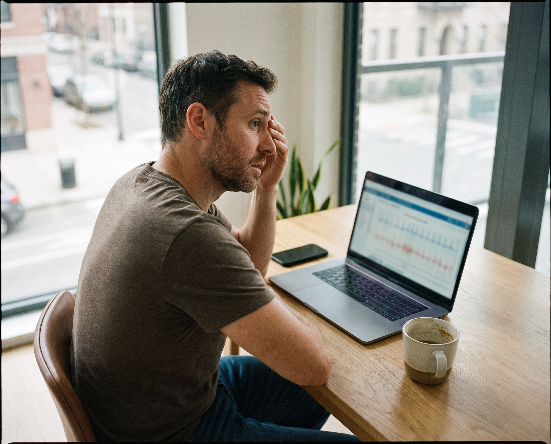 Mann sitzt mit besorgtem Gesichtsausdruck an einem Tisch vor einem Laptop und hält sich die Hand an die Stirn; neben ihm stehen ein Smartphone und eine Tasse Kaffee.